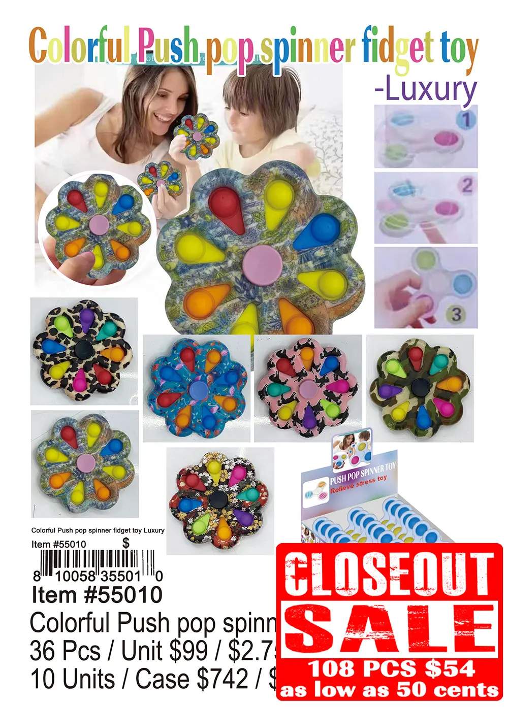 Colorful Push Pop Spinner Fidget Toy Luxury - Closeout 108 Pcs.